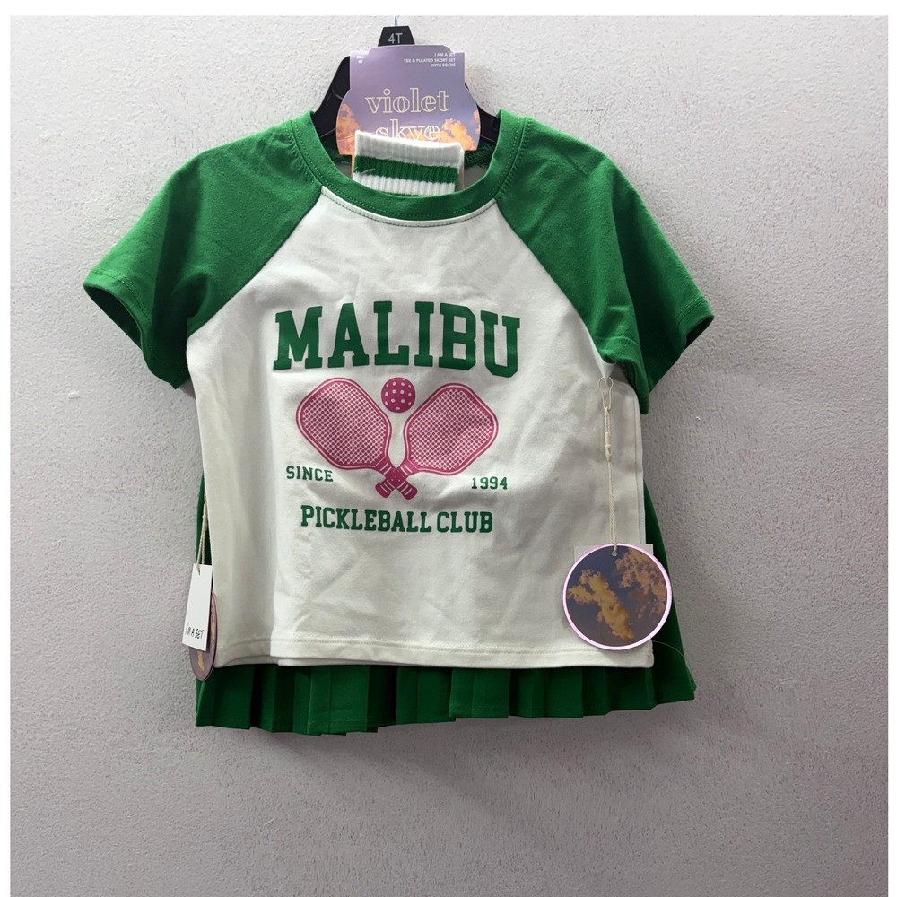 Violet Skye Girls Malibu Pickleball Club Tee Pleated Skort Sock 3pc Set 4T Green